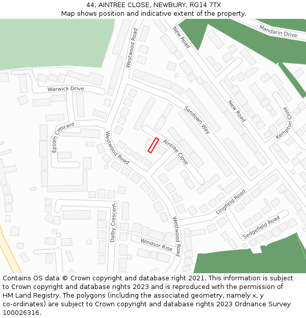 44, AINTREE CLOSE, NEWBURY, RG14 7TX: Location map and indicative extent of plot