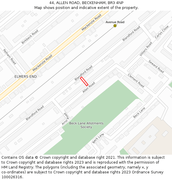 44, ALLEN ROAD, BECKENHAM, BR3 4NP: Location map and indicative extent of plot