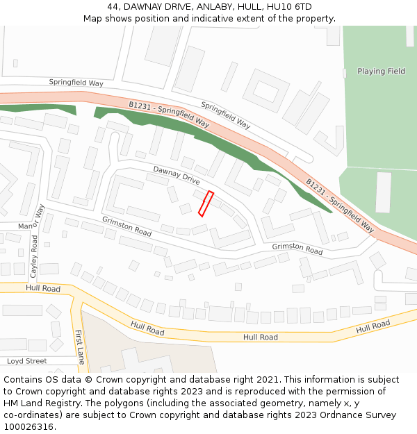 44, DAWNAY DRIVE, ANLABY, HULL, HU10 6TD: Location map and indicative extent of plot