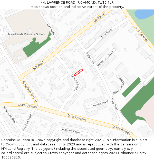 44, LAWRENCE ROAD, RICHMOND, TW10 7LR: Location map and indicative extent of plot