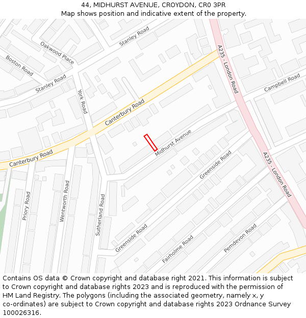 44, MIDHURST AVENUE, CROYDON, CR0 3PR: Location map and indicative extent of plot