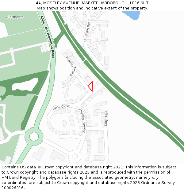 44, MOSELEY AVENUE, MARKET HARBOROUGH, LE16 9HT: Location map and indicative extent of plot