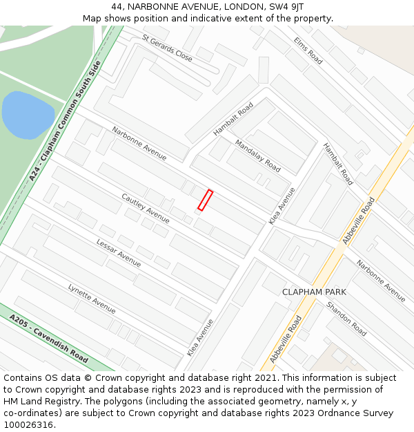 44, NARBONNE AVENUE, LONDON, SW4 9JT: Location map and indicative extent of plot