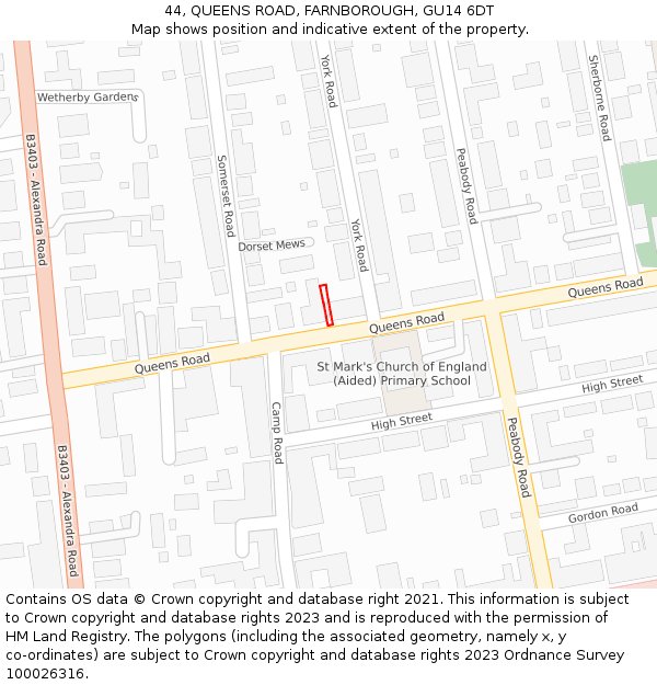 44, QUEENS ROAD, FARNBOROUGH, GU14 6DT: Location map and indicative extent of plot