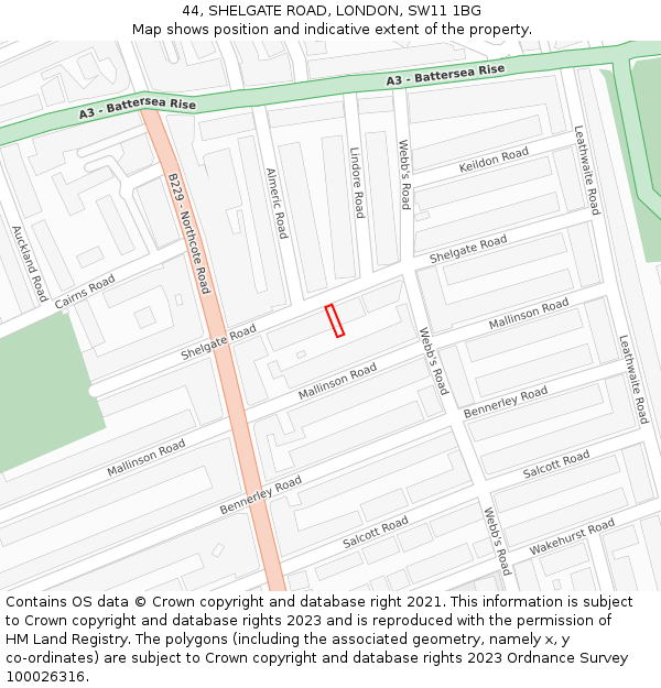 44, SHELGATE ROAD, LONDON, SW11 1BG: Location map and indicative extent of plot