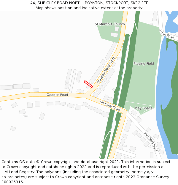 44, SHRIGLEY ROAD NORTH, POYNTON, STOCKPORT, SK12 1TE: Location map and indicative extent of plot