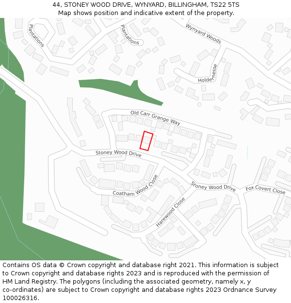 44, STONEY WOOD DRIVE, WYNYARD, BILLINGHAM, TS22 5TS: Location map and indicative extent of plot