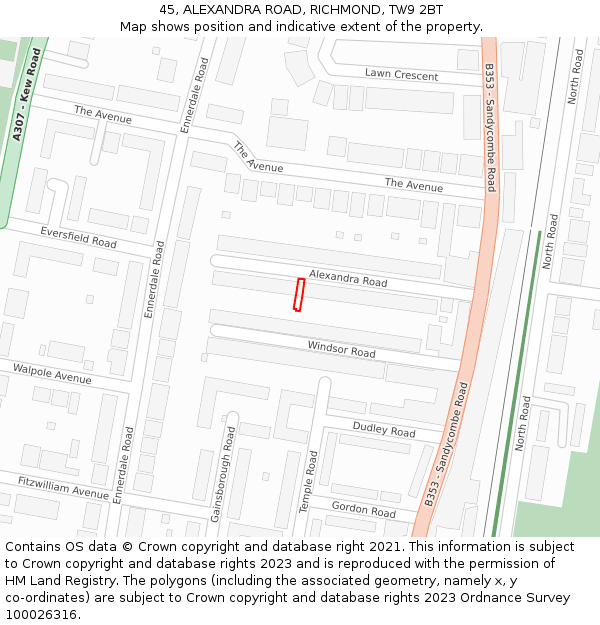 45, ALEXANDRA ROAD, RICHMOND, TW9 2BT: Location map and indicative extent of plot