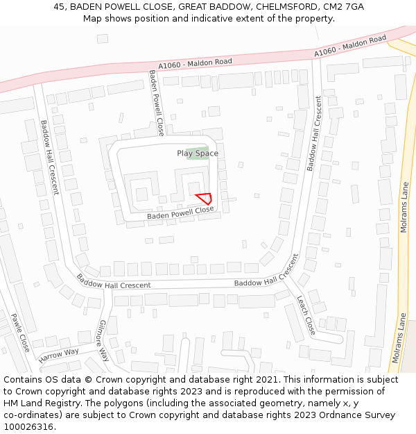 45, BADEN POWELL CLOSE, GREAT BADDOW, CHELMSFORD, CM2 7GA: Location map and indicative extent of plot