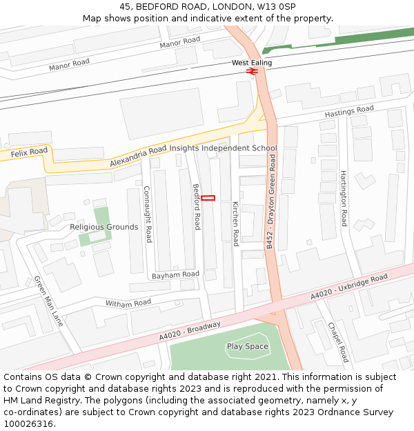 45, BEDFORD ROAD, LONDON, W13 0SP: Location map and indicative extent of plot