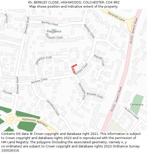 45, BERKLEY CLOSE, HIGHWOODS, COLCHESTER, CO4 9RZ: Location map and indicative extent of plot