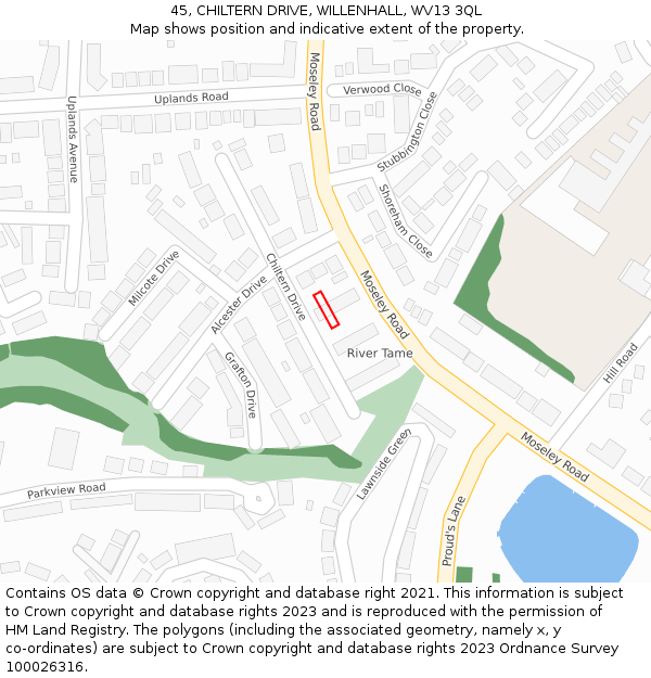 45, CHILTERN DRIVE, WILLENHALL, WV13 3QL: Location map and indicative extent of plot