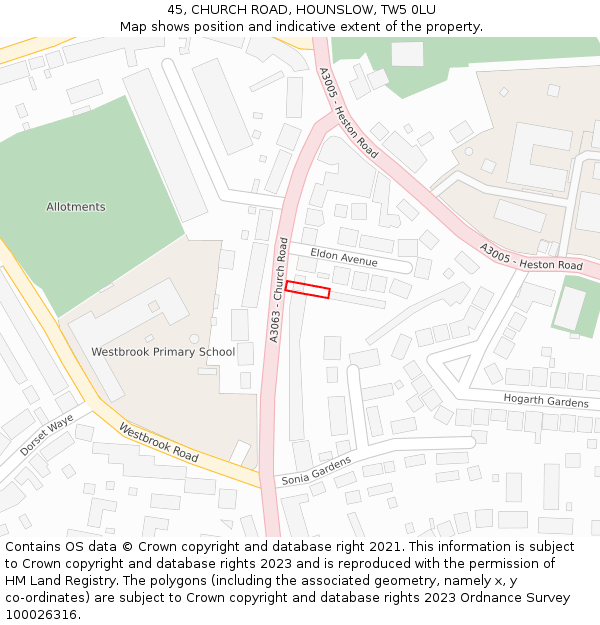 45, CHURCH ROAD, HOUNSLOW, TW5 0LU: Location map and indicative extent of plot