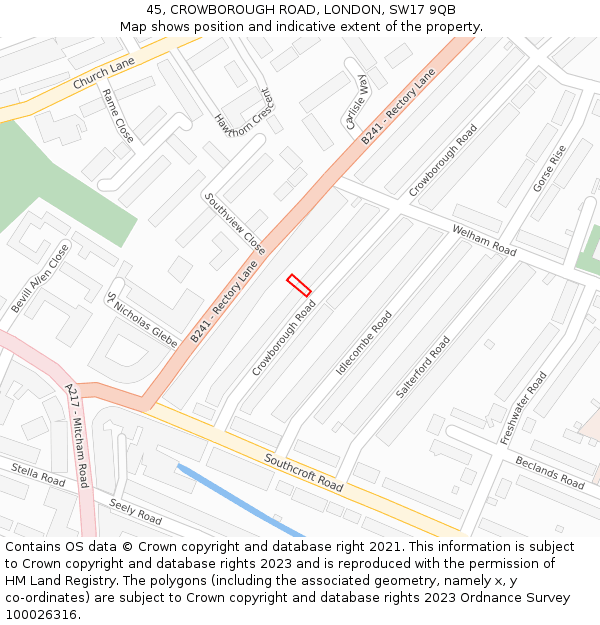 45, CROWBOROUGH ROAD, LONDON, SW17 9QB: Location map and indicative extent of plot