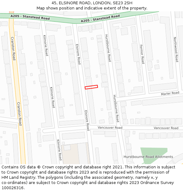 45, ELSINORE ROAD, LONDON, SE23 2SH: Location map and indicative extent of plot