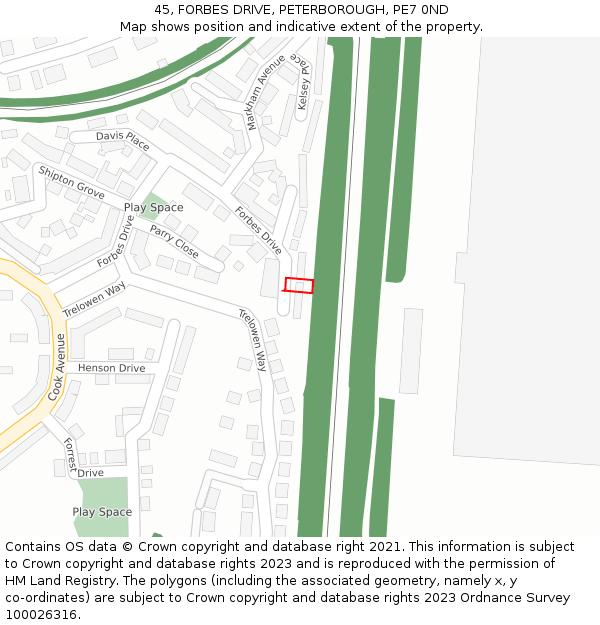 45, FORBES DRIVE, PETERBOROUGH, PE7 0ND: Location map and indicative extent of plot