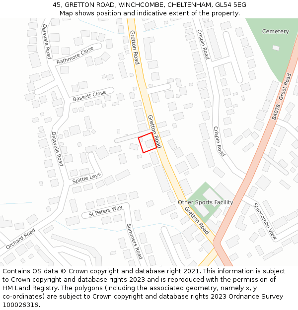 45, GRETTON ROAD, WINCHCOMBE, CHELTENHAM, GL54 5EG: Location map and indicative extent of plot