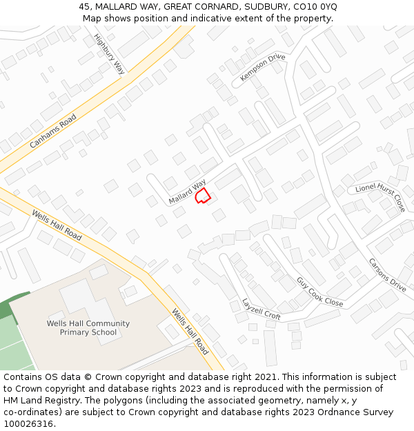 45, MALLARD WAY, GREAT CORNARD, SUDBURY, CO10 0YQ: Location map and indicative extent of plot