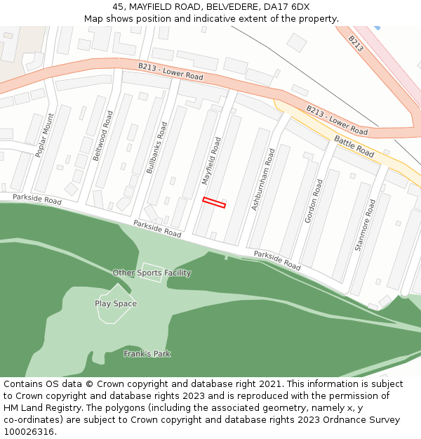 45, MAYFIELD ROAD, BELVEDERE, DA17 6DX: Location map and indicative extent of plot
