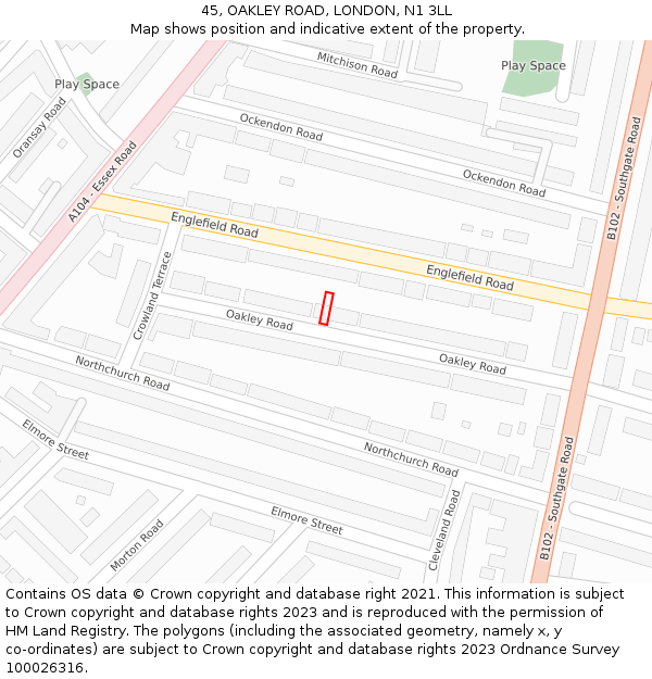 45, OAKLEY ROAD, LONDON, N1 3LL: Location map and indicative extent of plot