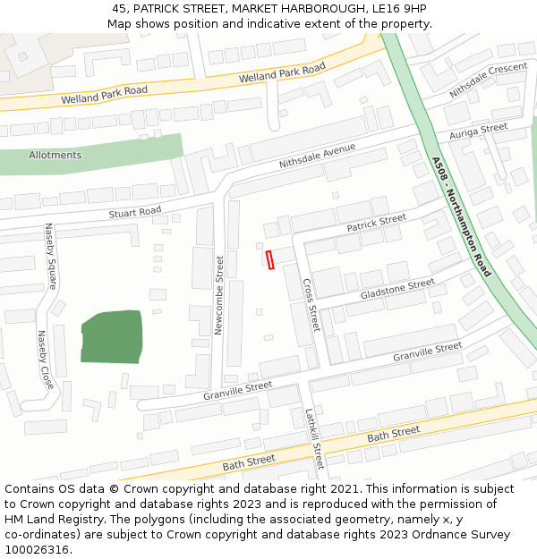 45, PATRICK STREET, MARKET HARBOROUGH, LE16 9HP: Location map and indicative extent of plot