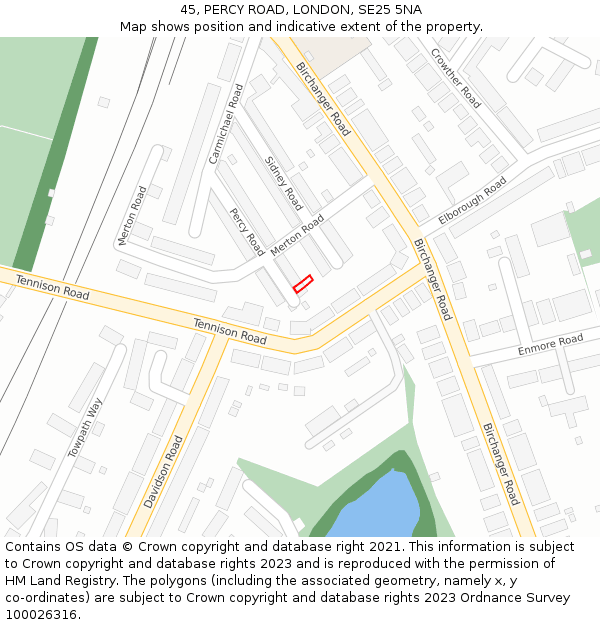 45, PERCY ROAD, LONDON, SE25 5NA: Location map and indicative extent of plot