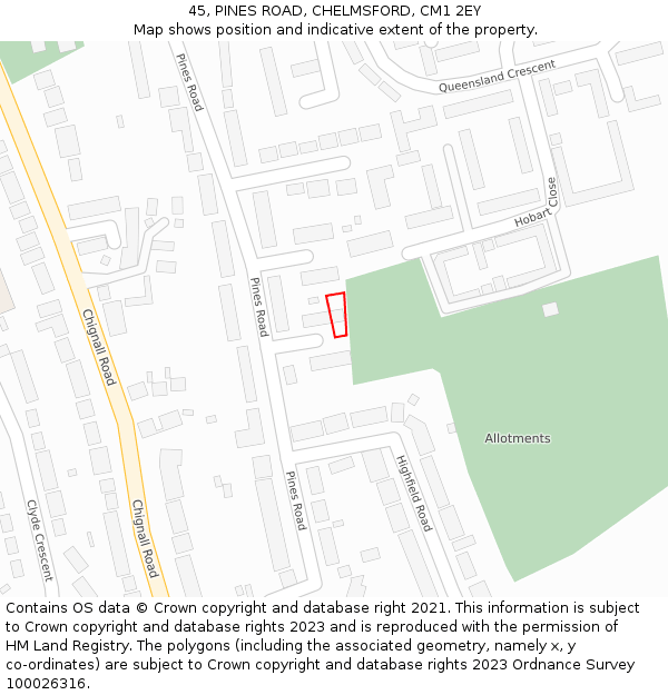 45, PINES ROAD, CHELMSFORD, CM1 2EY: Location map and indicative extent of plot