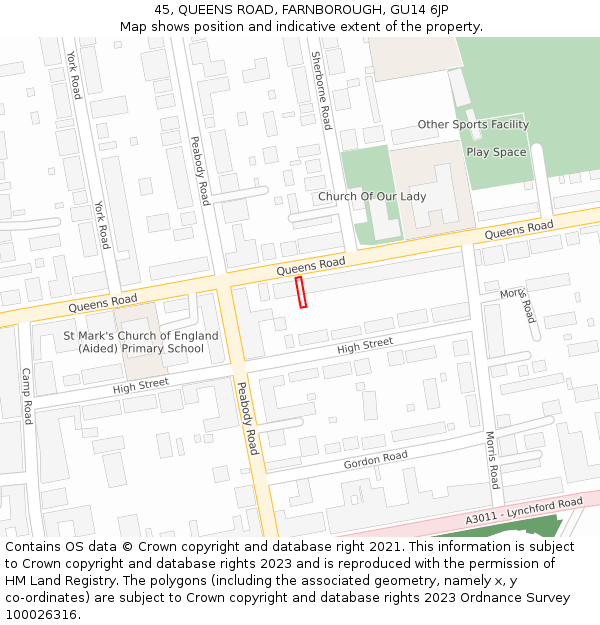 45, QUEENS ROAD, FARNBOROUGH, GU14 6JP: Location map and indicative extent of plot