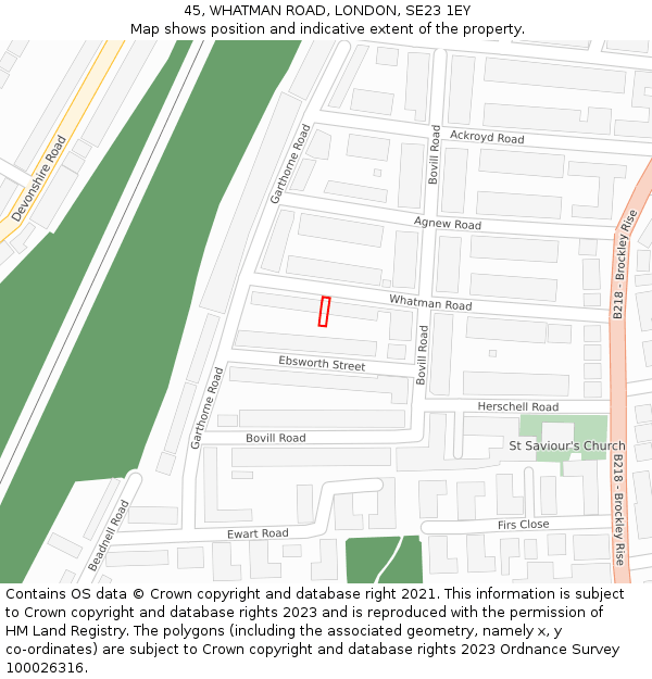 45, WHATMAN ROAD, LONDON, SE23 1EY: Location map and indicative extent of plot