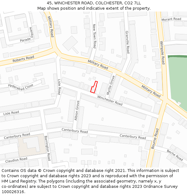45, WINCHESTER ROAD, COLCHESTER, CO2 7LL: Location map and indicative extent of plot