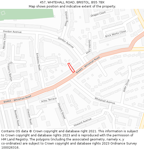 457, WHITEHALL ROAD, BRISTOL, BS5 7BX: Location map and indicative extent of plot