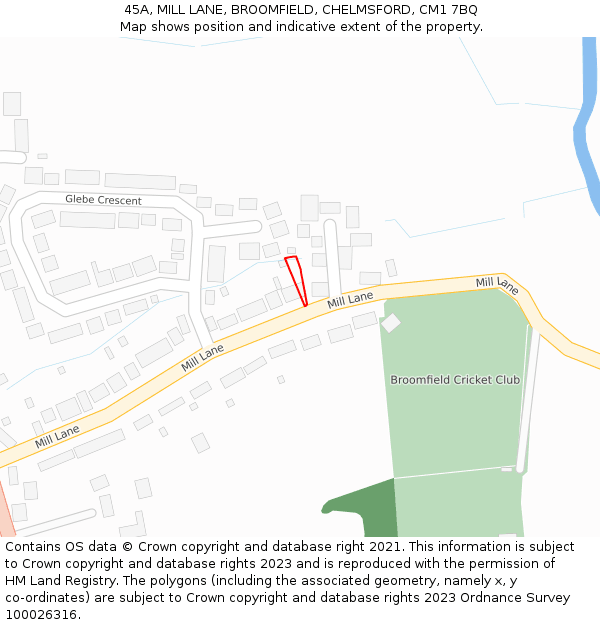 45A, MILL LANE, BROOMFIELD, CHELMSFORD, CM1 7BQ: Location map and indicative extent of plot