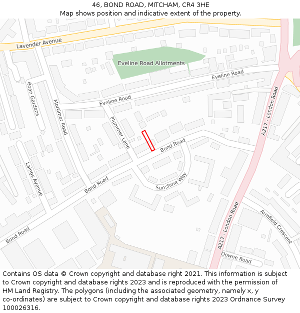 46, BOND ROAD, MITCHAM, CR4 3HE: Location map and indicative extent of plot