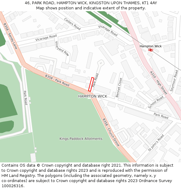 46, PARK ROAD, HAMPTON WICK, KINGSTON UPON THAMES, KT1 4AY: Location map and indicative extent of plot