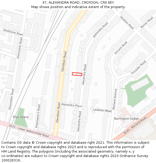 47, ALEXANDRA ROAD, CROYDON, CR0 6EY: Location map and indicative extent of plot