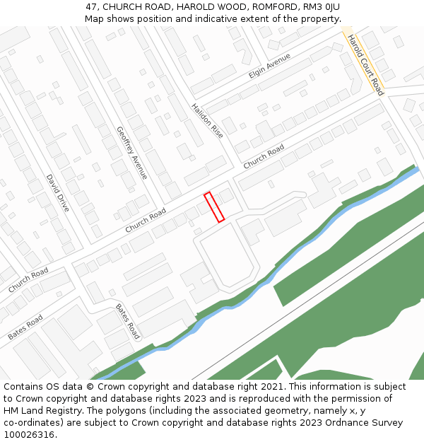 47, CHURCH ROAD, HAROLD WOOD, ROMFORD, RM3 0JU: Location map and indicative extent of plot