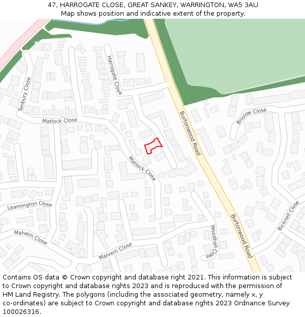 47, HARROGATE CLOSE, GREAT SANKEY, WARRINGTON, WA5 3AU: Location map and indicative extent of plot