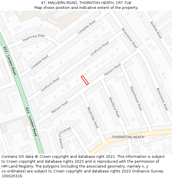 47, MALVERN ROAD, THORNTON HEATH, CR7 7LW: Location map and indicative extent of plot