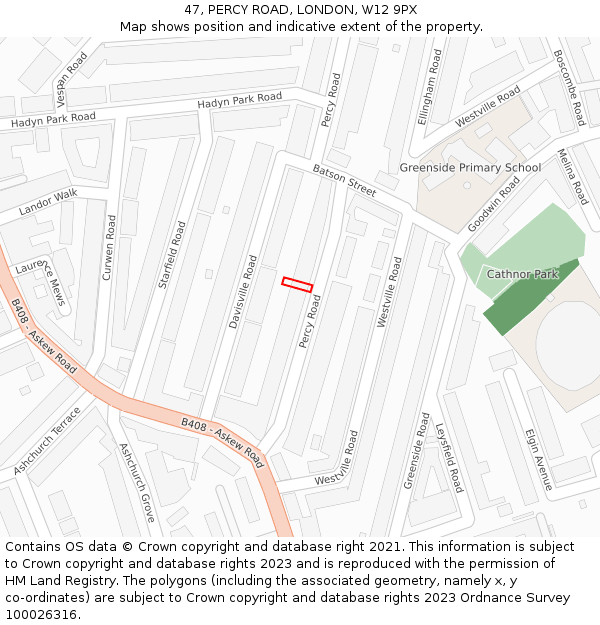 47, PERCY ROAD, LONDON, W12 9PX: Location map and indicative extent of plot