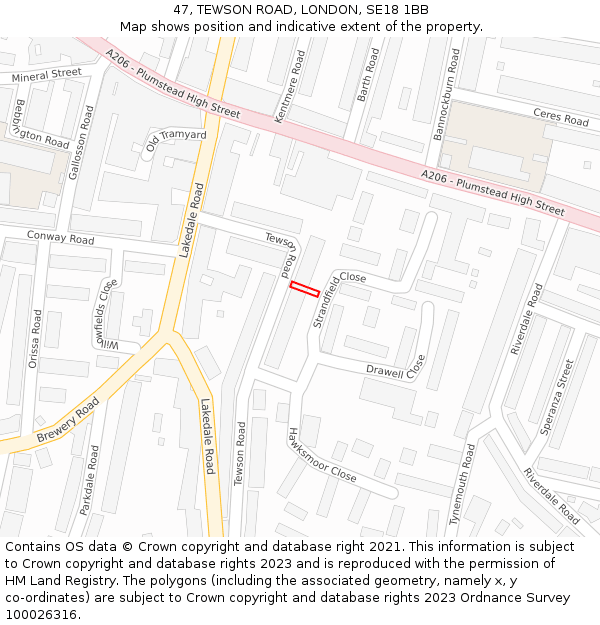 47, TEWSON ROAD, LONDON, SE18 1BB: Location map and indicative extent of plot
