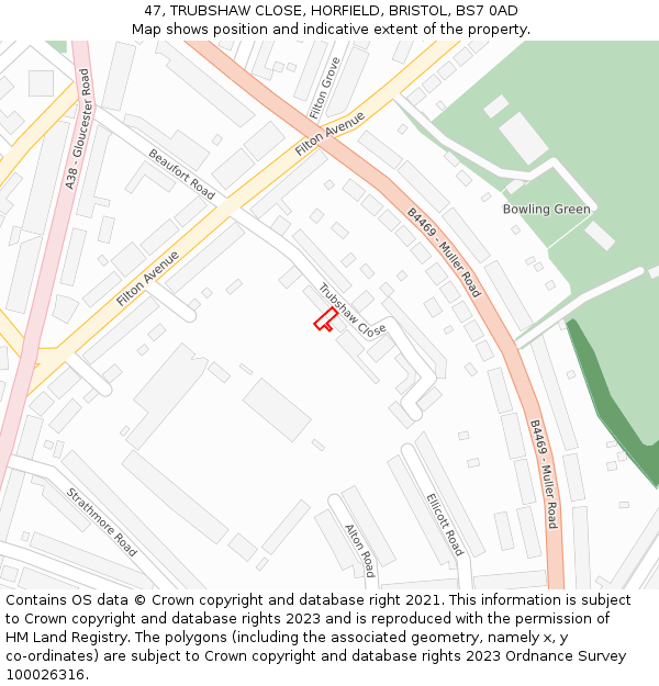 47, TRUBSHAW CLOSE, HORFIELD, BRISTOL, BS7 0AD: Location map and indicative extent of plot