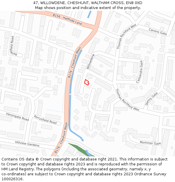 47, WILLOWDENE, CHESHUNT, WALTHAM CROSS, EN8 0XD: Location map and indicative extent of plot