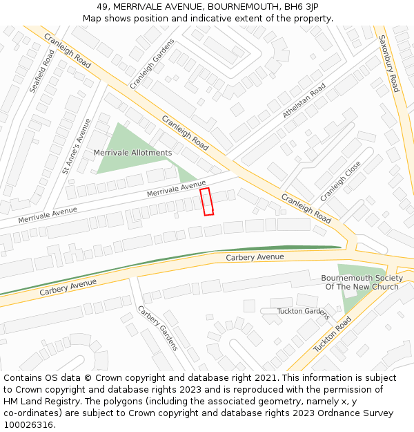 49, MERRIVALE AVENUE, BOURNEMOUTH, BH6 3JP: Location map and indicative extent of plot