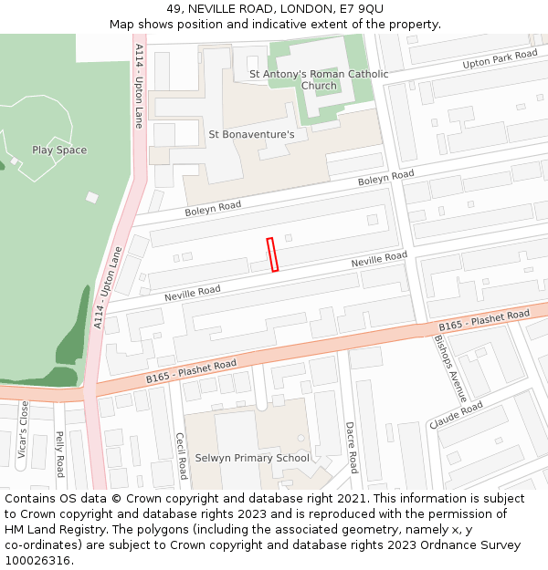 49, NEVILLE ROAD, LONDON, E7 9QU: Location map and indicative extent of plot