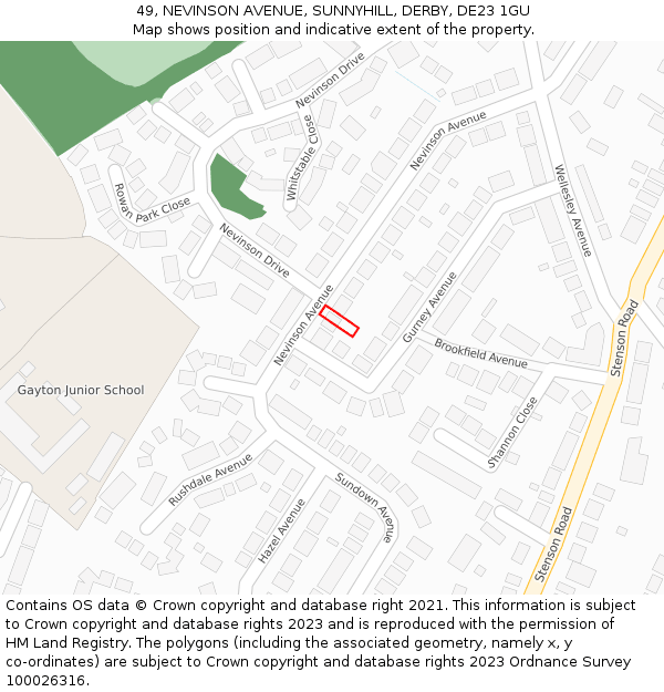 49, NEVINSON AVENUE, SUNNYHILL, DERBY, DE23 1GU: Location map and indicative extent of plot