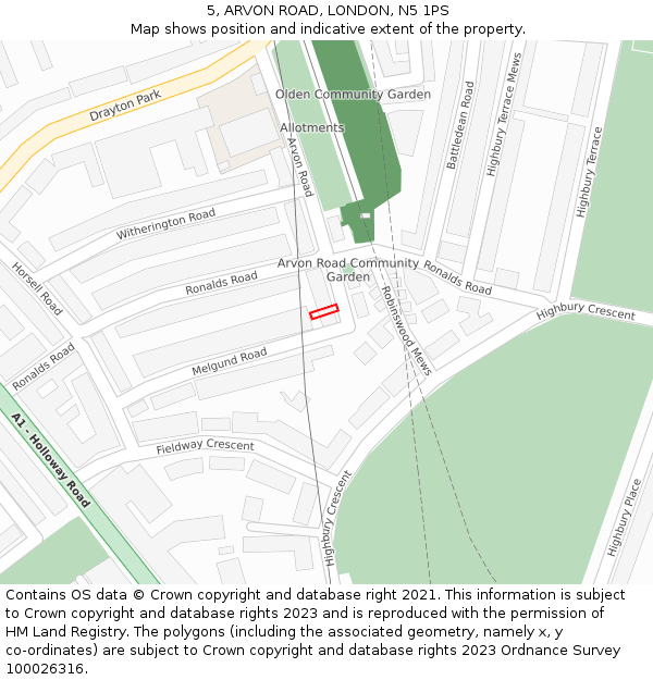 5, ARVON ROAD, LONDON, N5 1PS: Location map and indicative extent of plot