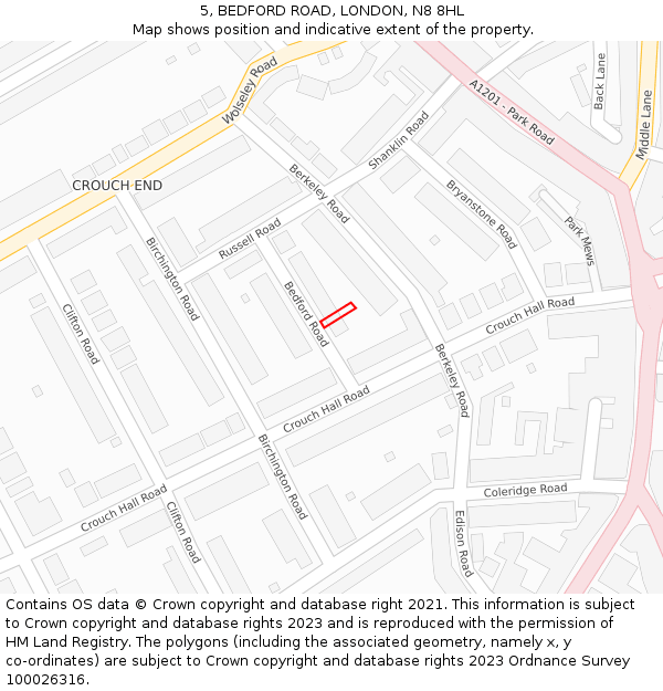 5, BEDFORD ROAD, LONDON, N8 8HL: Location map and indicative extent of plot