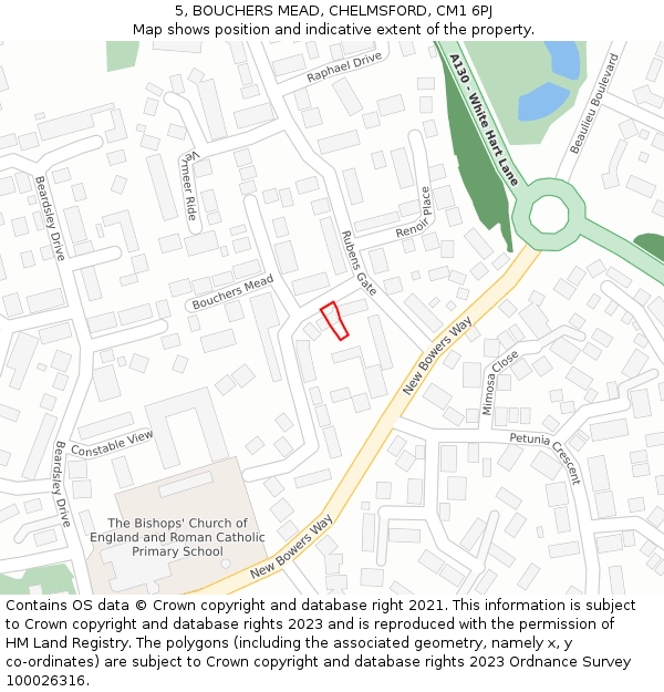 5, BOUCHERS MEAD, CHELMSFORD, CM1 6PJ: Location map and indicative extent of plot