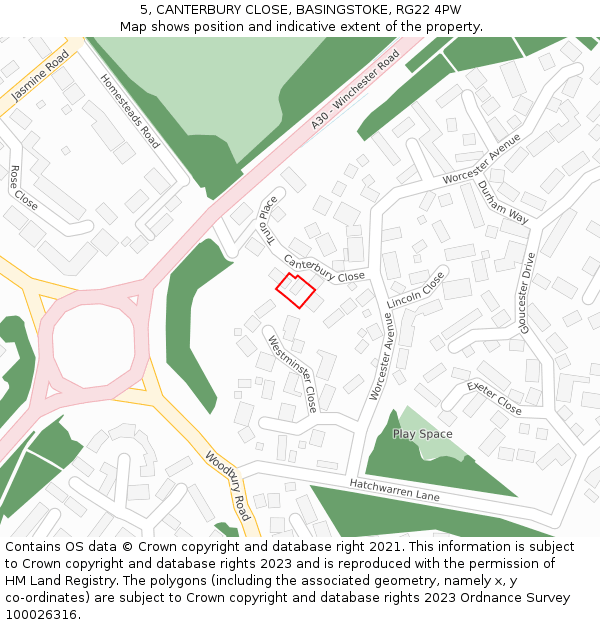 5, CANTERBURY CLOSE, BASINGSTOKE, RG22 4PW: Location map and indicative extent of plot
