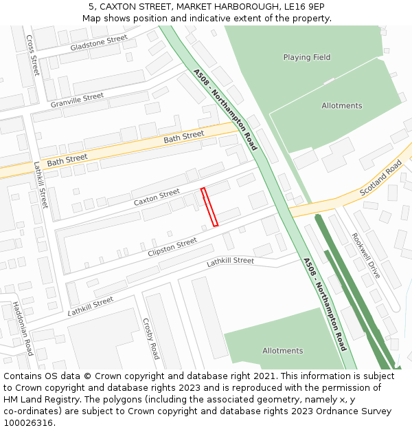 5, CAXTON STREET, MARKET HARBOROUGH, LE16 9EP: Location map and indicative extent of plot